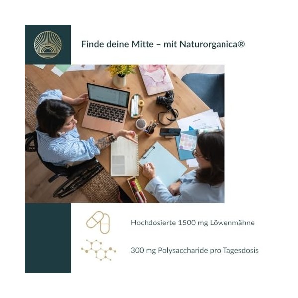 Naturorganica® Lion’s Mane Crinière de Lion 20:1 – 1500 mg Extrait Hericium Erinaceus – 100 mg Polysaccharides – Mémoire, F
