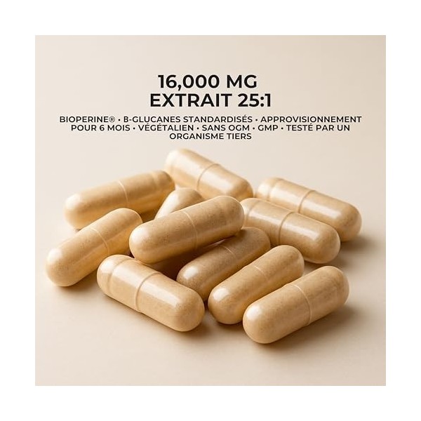 Lions Mane Bio – Gélules Criniere de Lion Haute Puissance 16,000mg – Extrait 25:1 Ultra-Concentré avec BioPerine® – Riche en 