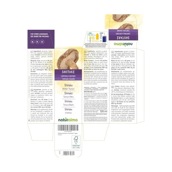 Shiitaké ou Lentin du chêne Lentinula edodes champignon Teinture Mère sans alcool Naturalma - Extrait liquide gouttes 120 m