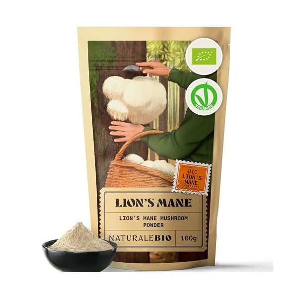 NaturaleBio Hericium Poudre Bio 100g | Bio, Vegan, Sans Gluten | Favorise la Fonction Cognitive, la Santé Intestinale & Immun