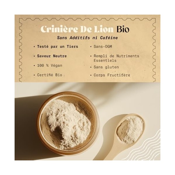 NaturaleBio Hericium Poudre Bio 100g | Bio, Vegan, Sans Gluten | Favorise la Fonction Cognitive, la Santé Intestinale & Immun