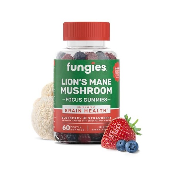 Fungies LionS Mane Mushroom Brain Health Lot de 60 gommes pour la concentration, la mémoire et lhumeur parfum naturel de m