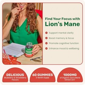 Fungies LionS Mane Mushroom Brain Health Lot de 60 gommes pour la concentration, la mémoire et lhumeur parfum naturel de m
