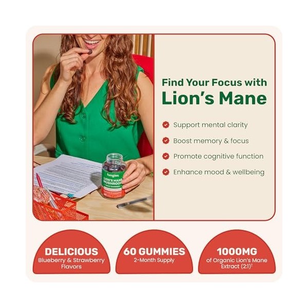 Fungies LionS Mane Mushroom Brain Health Lot de 60 gommes pour la concentration, la mémoire et lhumeur parfum naturel de m