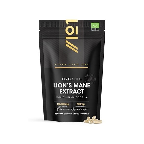 Complément Bio à base de crinière de lion 28 000 mg – 50% polysaccharides 700 mg – 90 gélules véganes – Complément de champ