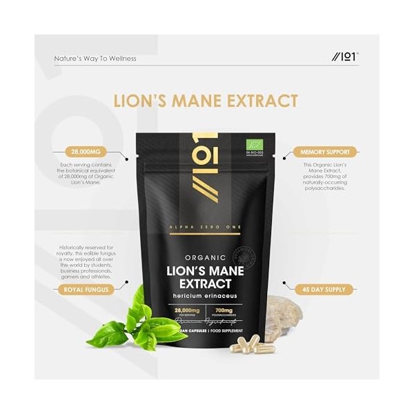Complément Bio à base de crinière de lion 28 000 mg – 50% polysaccharides 700 mg – 90 gélules véganes – Complément de champ
