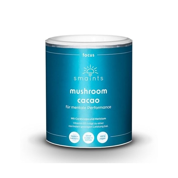 smaints focus - Mushroom Cacao pour performance mentale - Cacao bio avec extrait de cordyceps sinensis, CDP Cholin, Ginkgo, V
