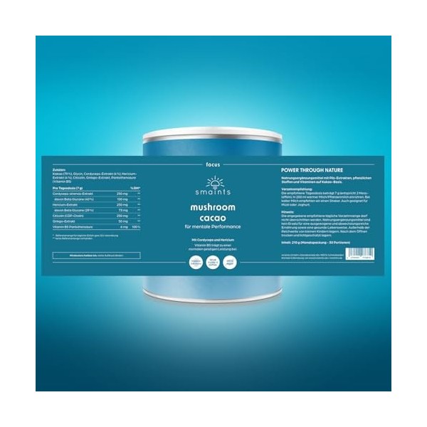 smaints focus - Mushroom Cacao pour performance mentale - Cacao bio avec extrait de cordyceps sinensis, CDP Cholin, Ginkgo, V
