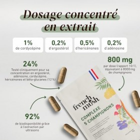 French Mush Complexe 5 Champignons Bio Grand Format - 168 Gélules Vegan - Shiitake, Lion’s Mane, Reishi, Cordyceps, Chaga - D