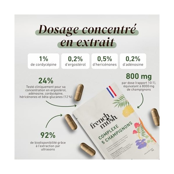 French Mush Complexe 5 Champignons Bio Grand Format - 168 Gélules Vegan - Shiitake, Lion’s Mane, Reishi, Cordyceps, Chaga - D