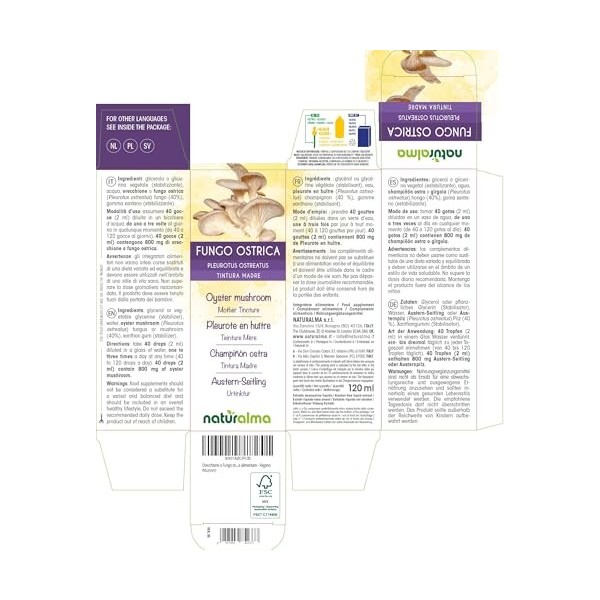 Pleurote en huître Pleurotus ostreatus champignon Teinture Mère sans alcool Naturalma - Extrait liquide gouttes 120 ml - Co