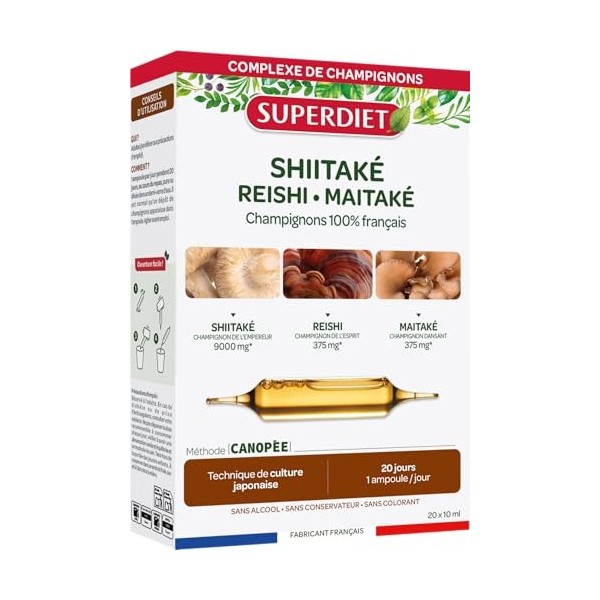 SUPERDIET - SHIITAKE REISHI MAITAKE - Système immunitaire -Champignonnière française - Fabrication française - 20 ampoules de