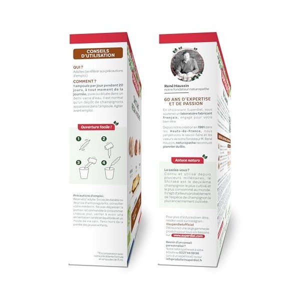 SUPERDIET - SHIITAKE REISHI MAITAKE - Système immunitaire -Champignonnière française - Fabrication française - 20 ampoules de