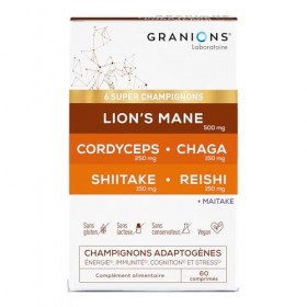 GRANIONS – Complexe Super Champignons Adaptogenes – LIONS MANE + CHAMPIGNONS CORDYCEPS + reishi + chaga + shiitake + maitake 