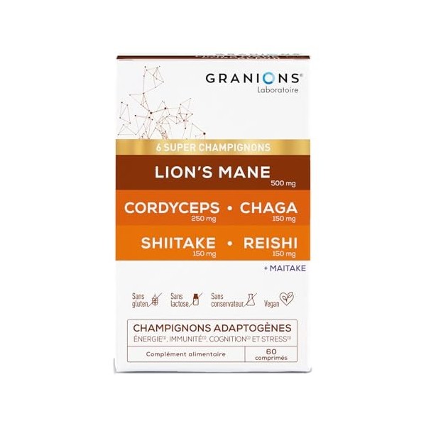 GRANIONS – Complexe Super Champignons Adaptogenes – LIONS MANE + CHAMPIGNONS CORDYCEPS + reishi + chaga + shiitake + maitake 
