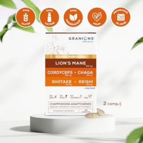 GRANIONS – Complexe Super Champignons Adaptogenes – LIONS MANE + CHAMPIGNONS CORDYCEPS + reishi + chaga + shiitake + maitake 