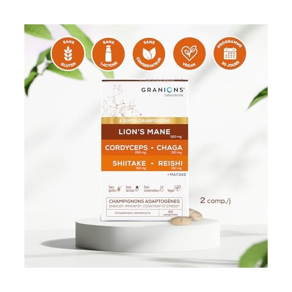 GRANIONS – Complexe Super Champignons Adaptogenes – LIONS MANE + CHAMPIGNONS CORDYCEPS + reishi + chaga + shiitake + maitake 