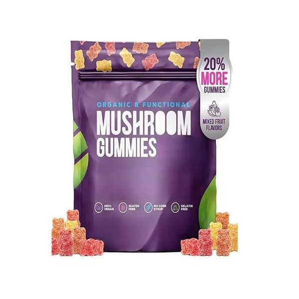 Gummies aux champignons | Complément immunitaire, augmente les performances cognitives et lénergie, végétalien, sans gluten,