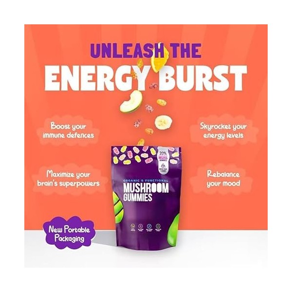 Gummies aux champignons | Complément immunitaire, augmente les performances cognitives et lénergie, végétalien, sans gluten,