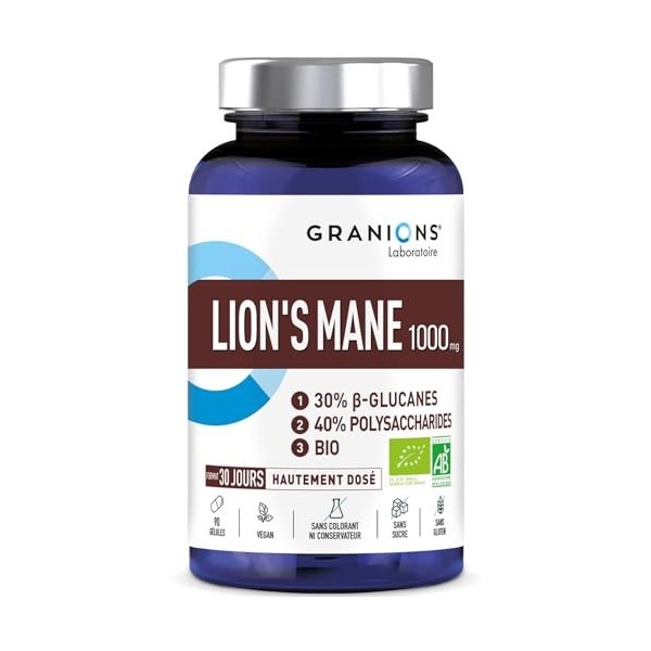 GRANIONS Lions Mane 1000mg – LIONS MANE CHAMPIGNON ADAPTOGENE BIO – Concentration + Focus + Humeur, 30% beta-glucanes + 40% p