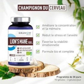 GRANIONS Lions Mane 1000mg – LIONS MANE CHAMPIGNON ADAPTOGENE BIO – Concentration + Focus + Humeur, 30% beta-glucanes + 40% p