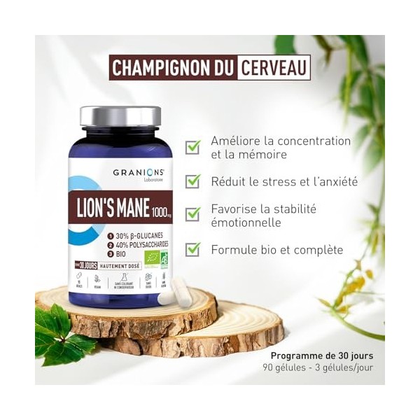 GRANIONS Lions Mane 1000mg – LIONS MANE CHAMPIGNON ADAPTOGENE BIO – Concentration + Focus + Humeur, 30% beta-glucanes + 40% p