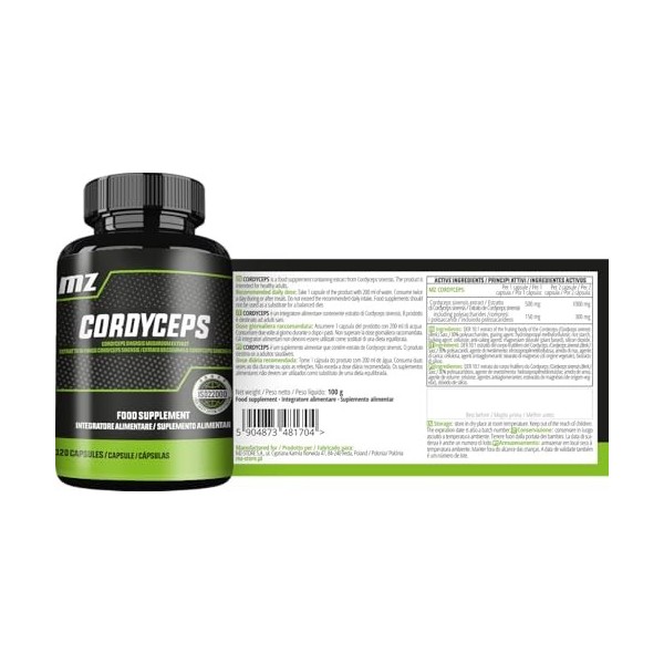 Champignon Cordyceps 500 mg par gélule - Extrait de Cordyceps sinensis 10:1-120 gélules végétaliennes - 4 mois dapprovisionn