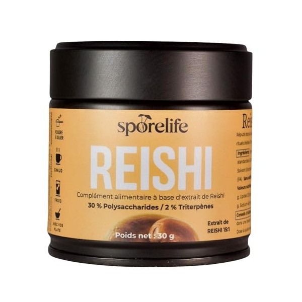Reishi Ganoderma lucidum en Poudre Extrait 15:1 – Sommeil, Immunité, Stress – Standardisé en principes actifs – Vegan – 30 