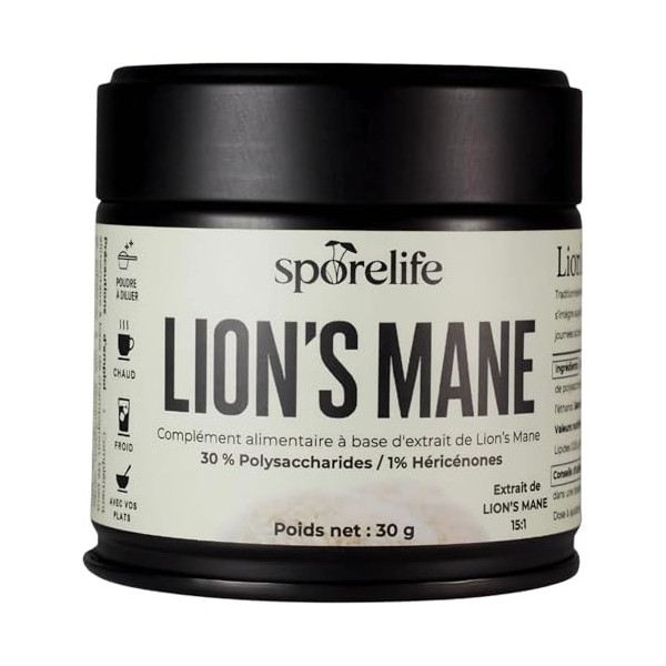 Lion’s Mane Hericium erinaceus en Poudre Extrait 15:1 – pour le cerveau, Humeur, Bien-être - Standardisé en principes actif