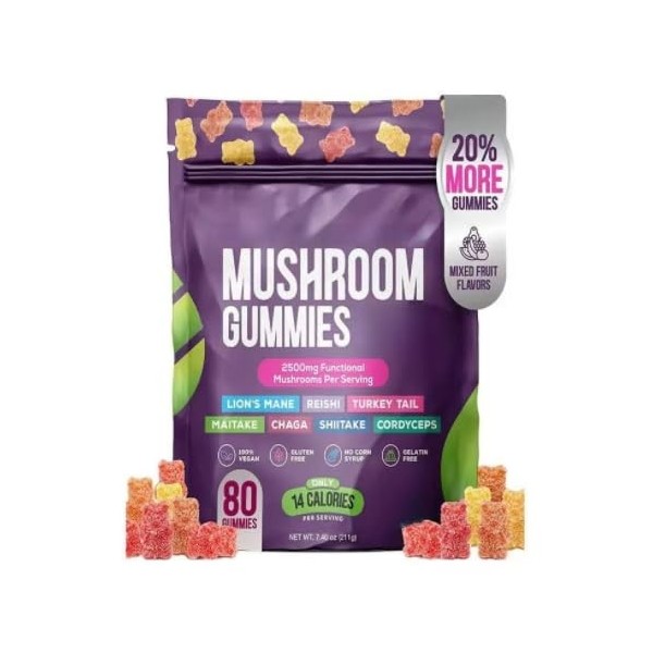 Gummies aux champignons – Stimule la concentration et le système immunitaire, améliore les performances cognitives, faible te