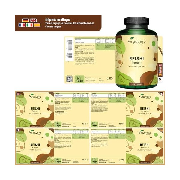 EXTRAIT de Reishi Vegavero® | 240 Gélules | 13 000 mg Extract 10:1 | 40% Polysaccharides + 20% Bêta-glucane | Immunité + Én C...
