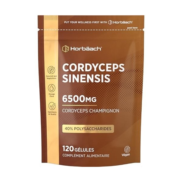 Cordyceps Sinesis 6500mg | Extrait 10:1 | Pour 4 Mois - 120 Poudre Gélules Véganes | 40% Polysaccharides | Horbaach