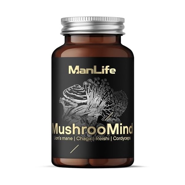 Lion’s Mane + Reishi + Chaga + Cordyceps | 90 gélules | Complément MushrooMind – ManLife