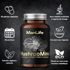 Lion’s Mane + Reishi + Chaga + Cordyceps | 90 gélules | Complément MushrooMind – ManLife