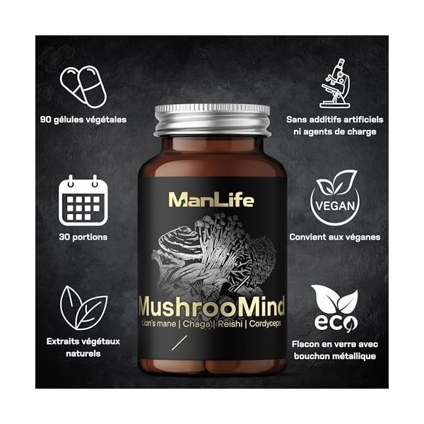 Lion’s Mane + Reishi + Chaga + Cordyceps | 90 gélules | Complément MushrooMind – ManLife