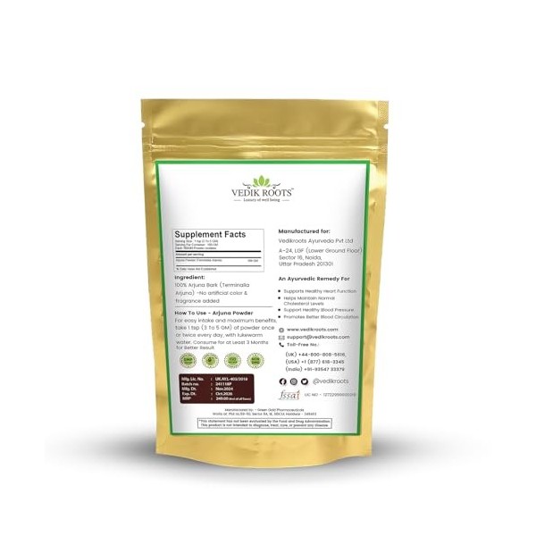 Vedikroots Arjuna - Herbe ayurvédique traditionnelle | Naturel et végétal | 100 g