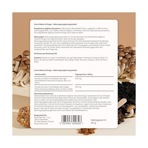 Lions Mane & Chaga - Extrait en poudre, 100% naturel, sans sucre et conservateurs, soutient les fonctions cérébrales, adapto