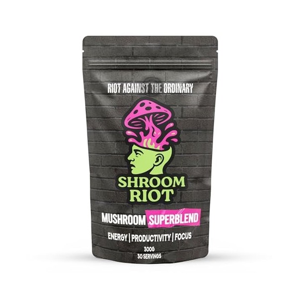 Shroom Riot Cacao Superblend aux Champignons | Boisson Instantanée en Poudre au Chocolat avec Crinière de Lion, Chaga, Reishi