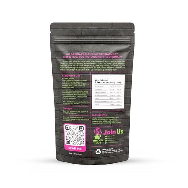 Shroom Riot Cacao Superblend aux Champignons | Boisson Instantanée en Poudre au Chocolat avec Crinière de Lion, Chaga, Reishi