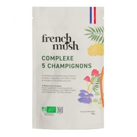 French Mush Complexe 5 Champignons Bio Poudre Grand Format - 90 g Vegan - Lion’s Mane, Reishi, Cordyceps, Shiitake, Chaga - 1