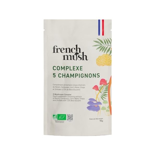 French Mush Complexe 5 Champignons Bio Poudre Grand Format - 90 g Vegan - Lion’s Mane, Reishi, Cordyceps, Shiitake, Chaga - 1
