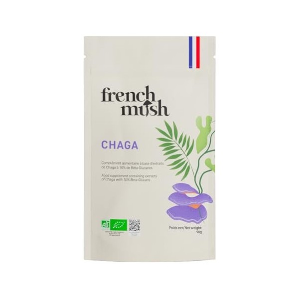 French Mush Chaga Bio Poudre Grand Format - 90 g Vegan - Antioxydant, Tonus, Immunité - Riche en Vitamines B, D et K - Se Mél...