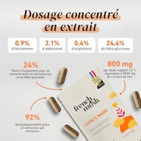 French Mush Crinière de Lion Bio Grand Format - 168 Gélules Vegan - Cerveau, Concentration, Bien-Être Mental - 1 à 2 Gélules ...