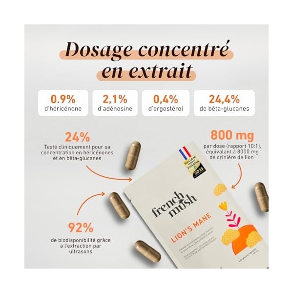 French Mush Crinière de Lion Bio Grand Format - 168 Gélules Vegan - Cerveau, Concentration, Bien-Être Mental - 1 à 2 Gélules ...