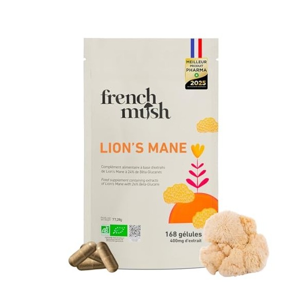 French Mush Crinière de Lion Bio Grand Format - 168 Gélules Vegan - Cerveau, Concentration, Bien-Être Mental - 1 à 2 Gélules ...