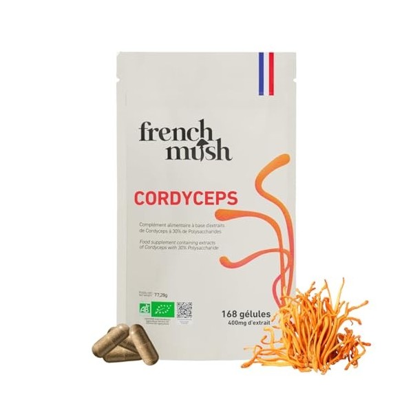 French Mush Cordyceps Bio – 168 Gélules Vegan – Champignon pour l’Énergie, le Bien-Être et les Performances Physiques – 1 à 2