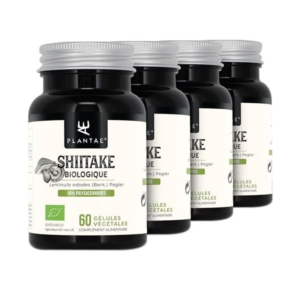 SHIITAKE BIO LENTINULA EDODES * PACK 3+1 GRATUIT * 250 mg / 240 gélules * Extrait titré à 30% en polysaccharides et 15% bêt