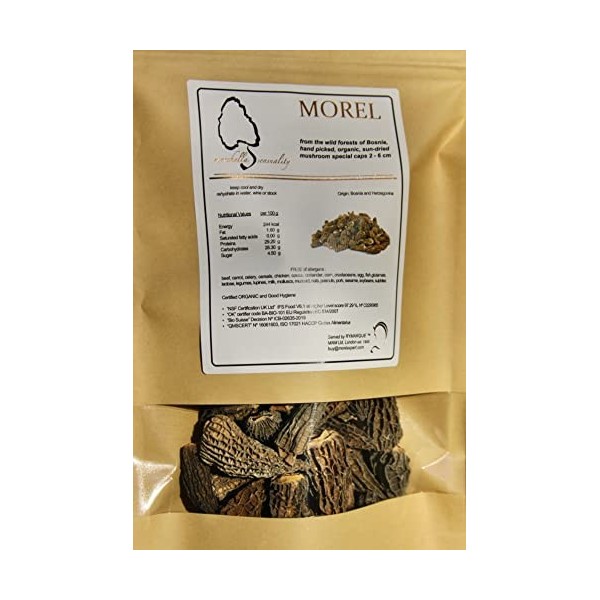 Champignons MORILLES - pure CHAPEAU spéciales 2-6 cm - sans queues – cueillis à la main, séchés au soleil 100 gr 