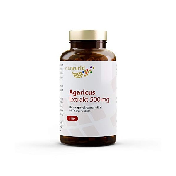 Vita World Pack de 3 Agaricus blazei extrait 500mg 3 x 100 Capsules végétales Polysaccharide 20% ABM avec certificat danalys