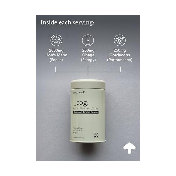 _cog : Brain Fuel | Extrait de champignon bio 3 | Synergique | Crinière de lion | Améliore la fonction cognitive, la mémoire,